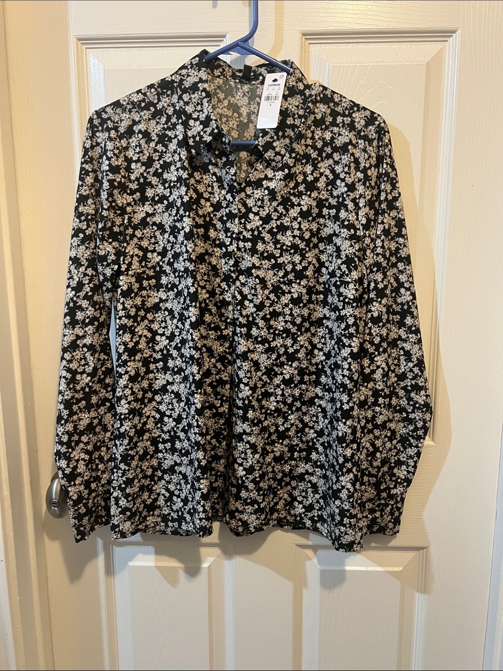 Express Black Button-Down Shirt with White Floral Print